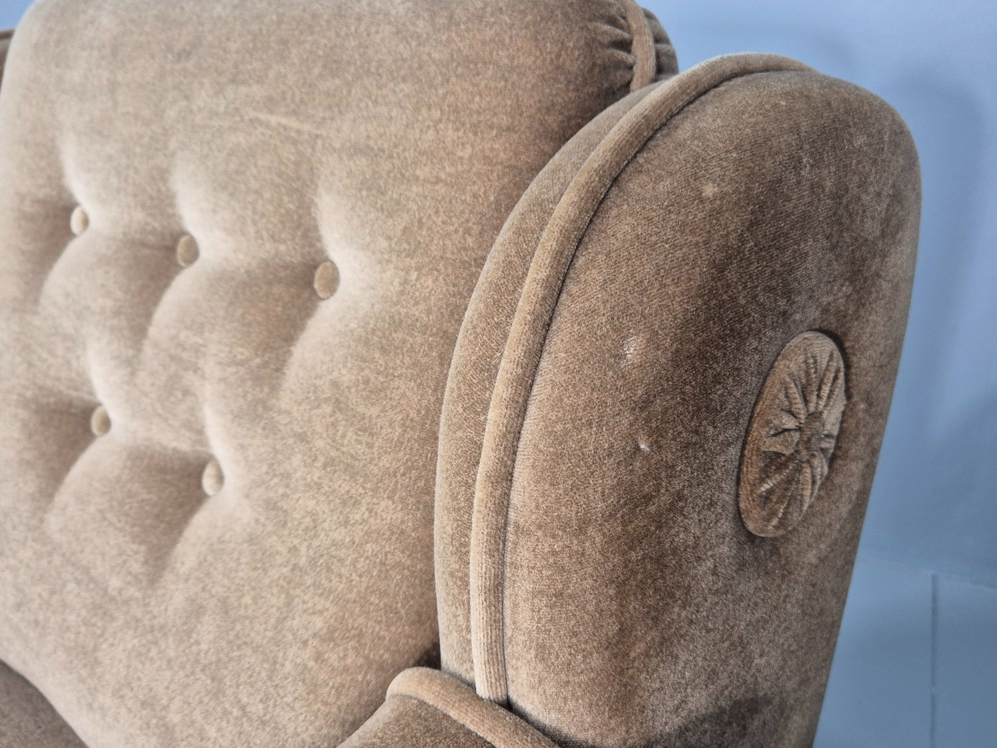Vintage 1970s Lounge Chairs Green Velour Tassels Wing Back Danish Retro EB12137