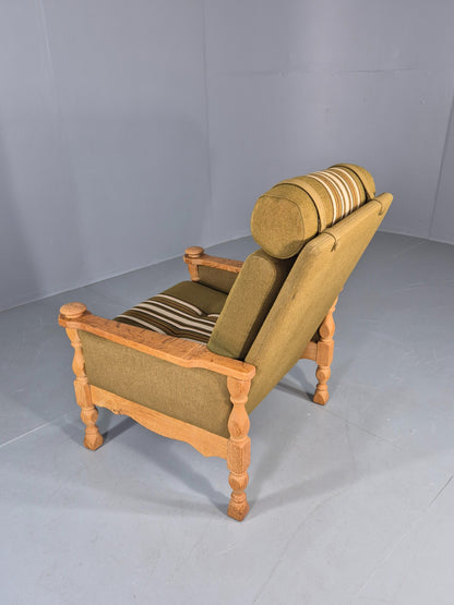 Vintage High Back Kjearnulf Arm Chair Oak Frame Green Stripe 1970s Retro EB12736
