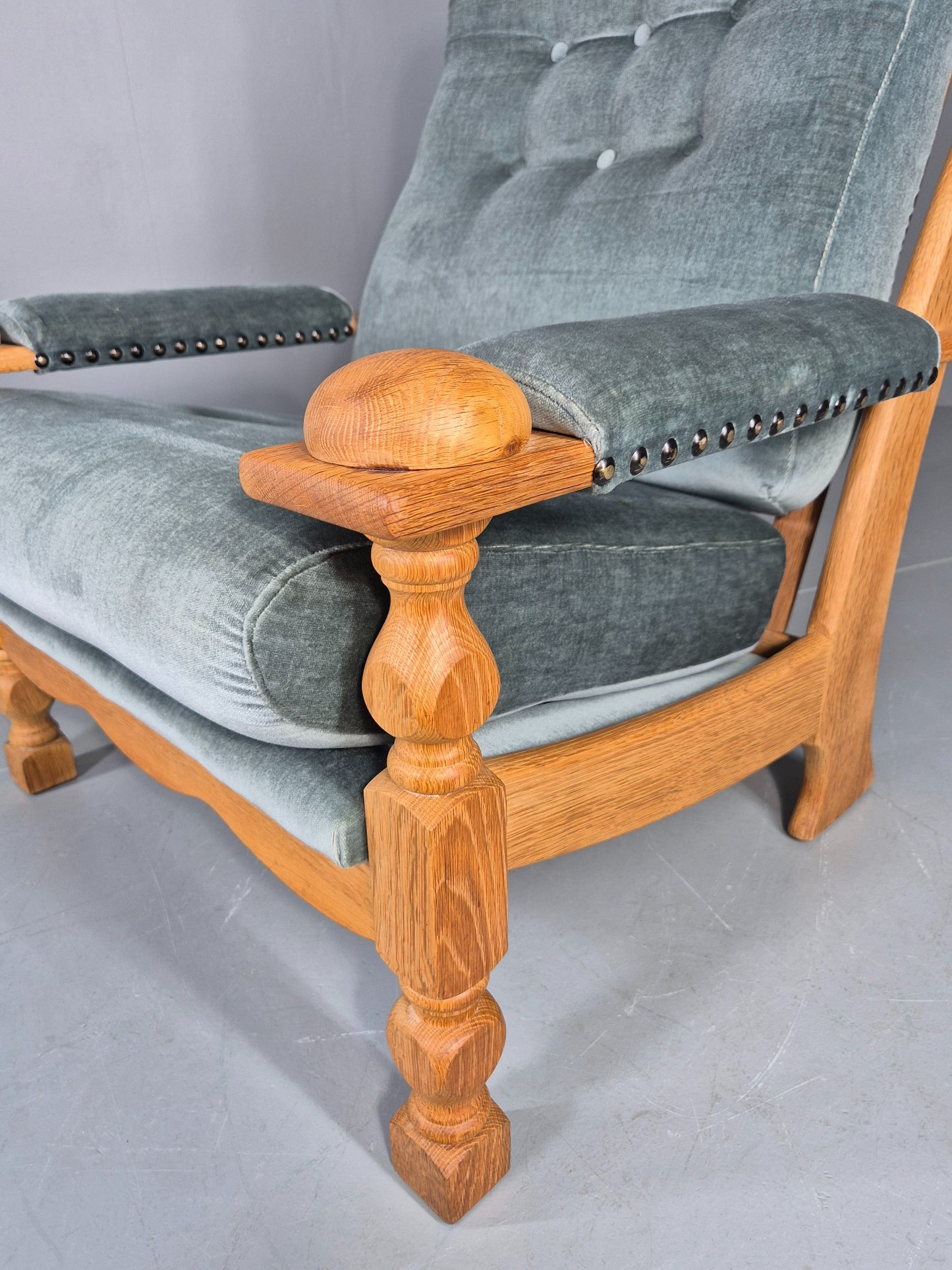 Vintage Danish 1970s Oak Lounge Chair Blue Velour Upholstery Retro EB12709