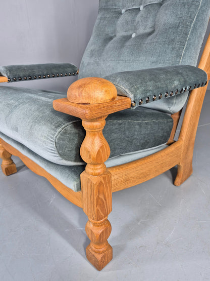 Vintage Danish 1970s Oak Lounge Chair Blue Velour Upholstery Retro EB12709