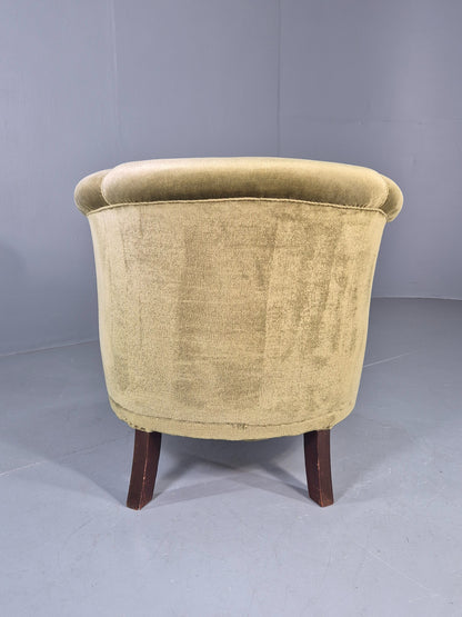 Vintage Danish Art Deco Tub Chair Green Velour Cabriole Legs 1940s EB12717