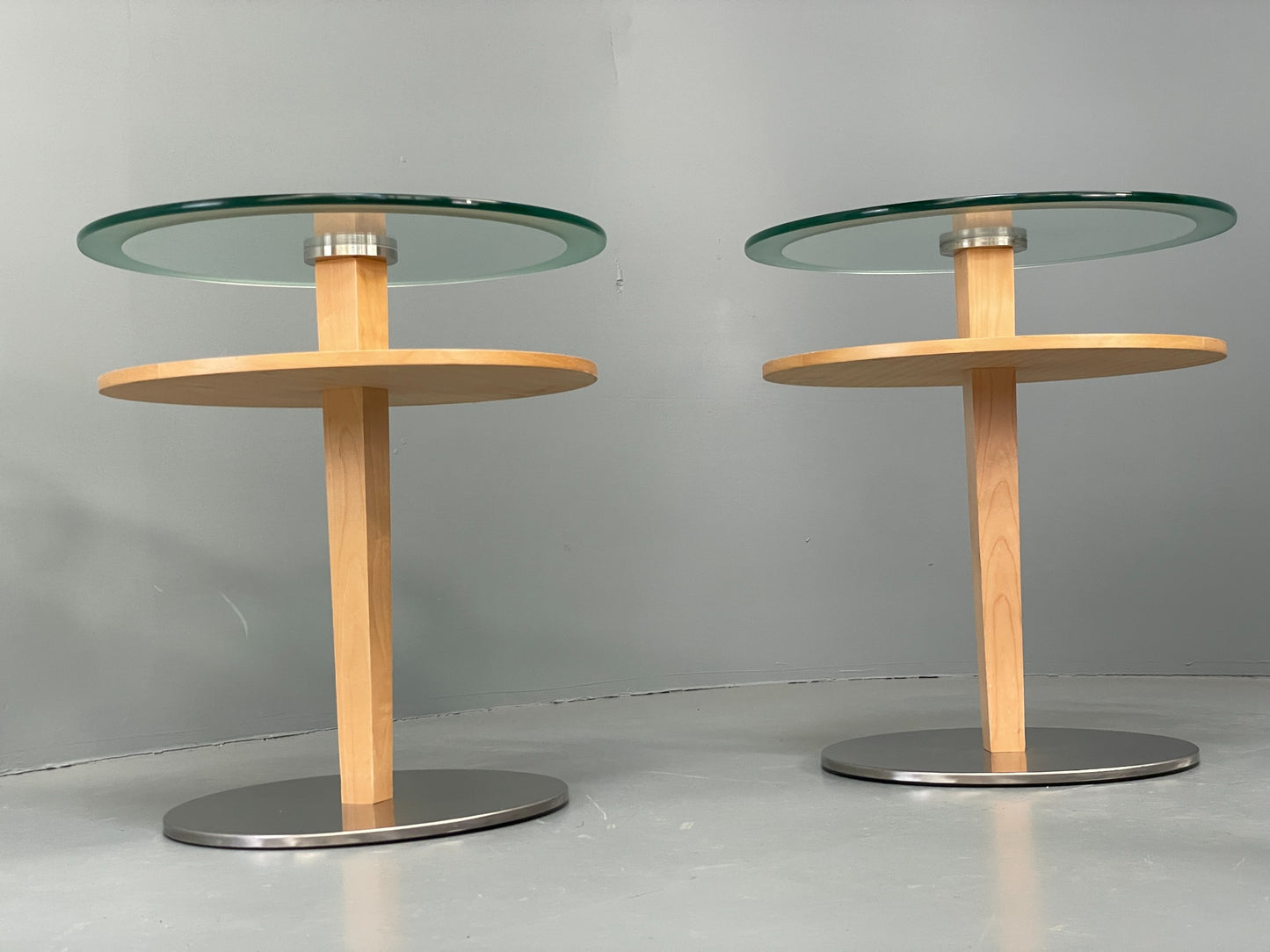 Danish Circular Side Tables Glass & Beech Pedestal Contemporary EB12400