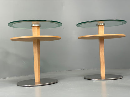 Danish Circular Side Tables Glass & Beech Pedestal Contemporary EB12400