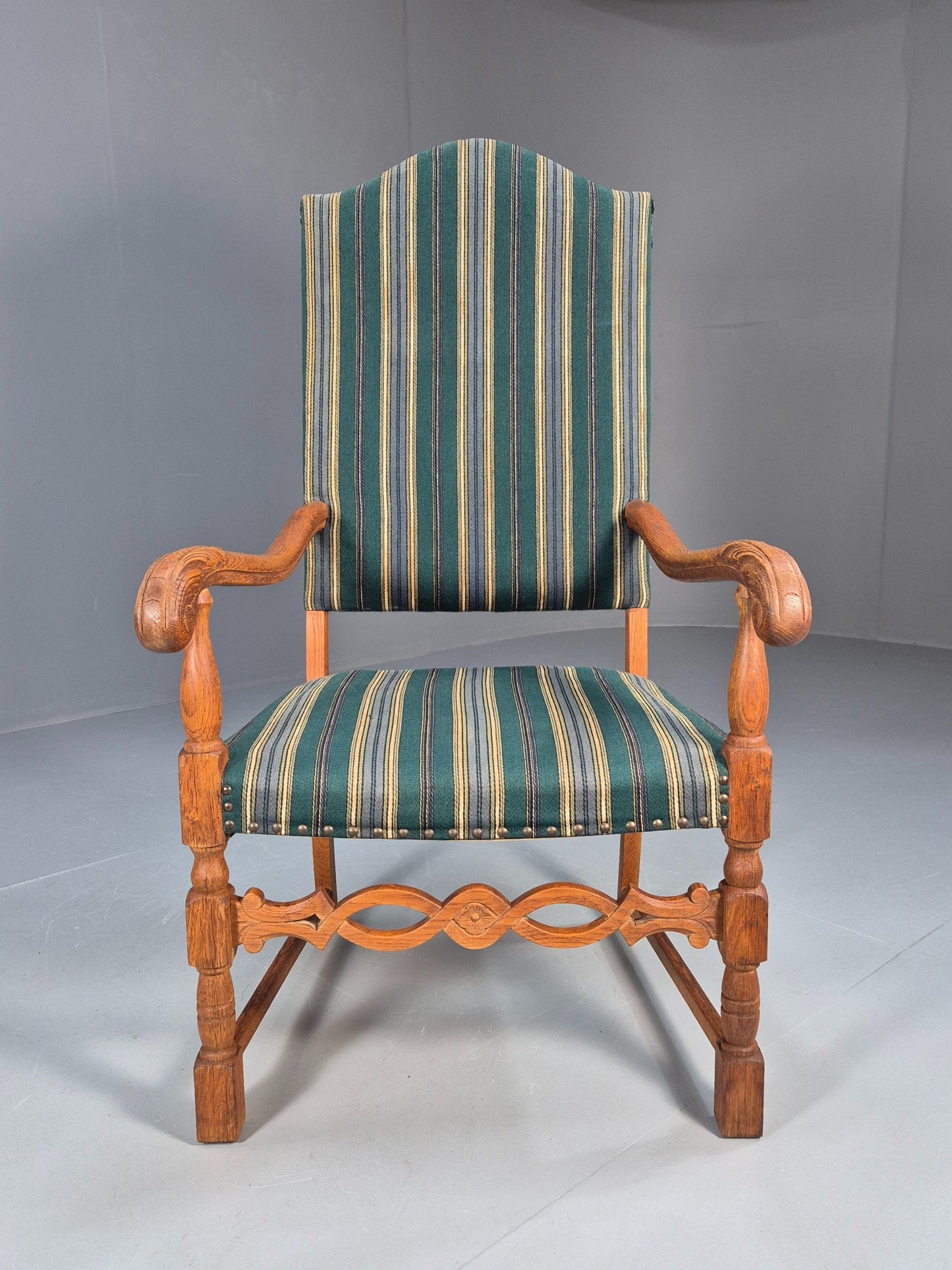 Baroque Style Throne Armchair Oak Frame Wool Stripe Upholstery EB08988