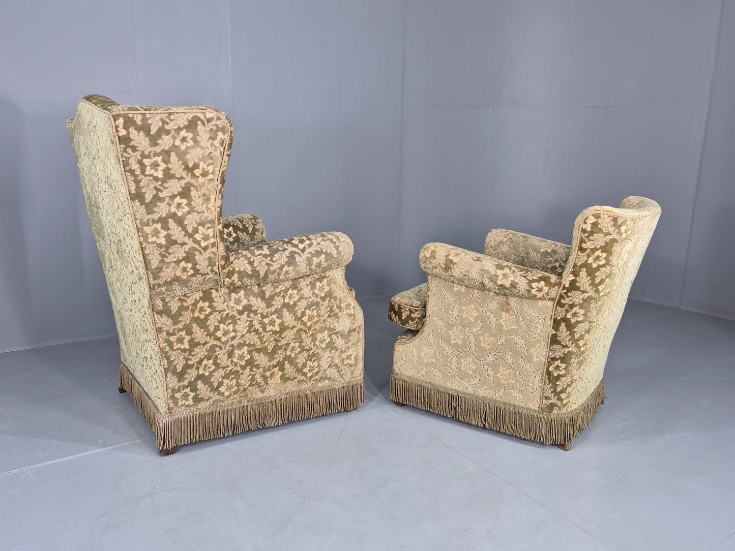 2 Vintage Danish Armchairs Green Floral Moquette Tassels 1960s Cottage EB12689