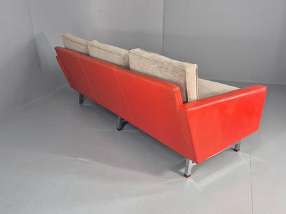 Vintage 3 Seat Sofa 1960s Swedish Red Leather New Cushions MCM Retro  EB11121