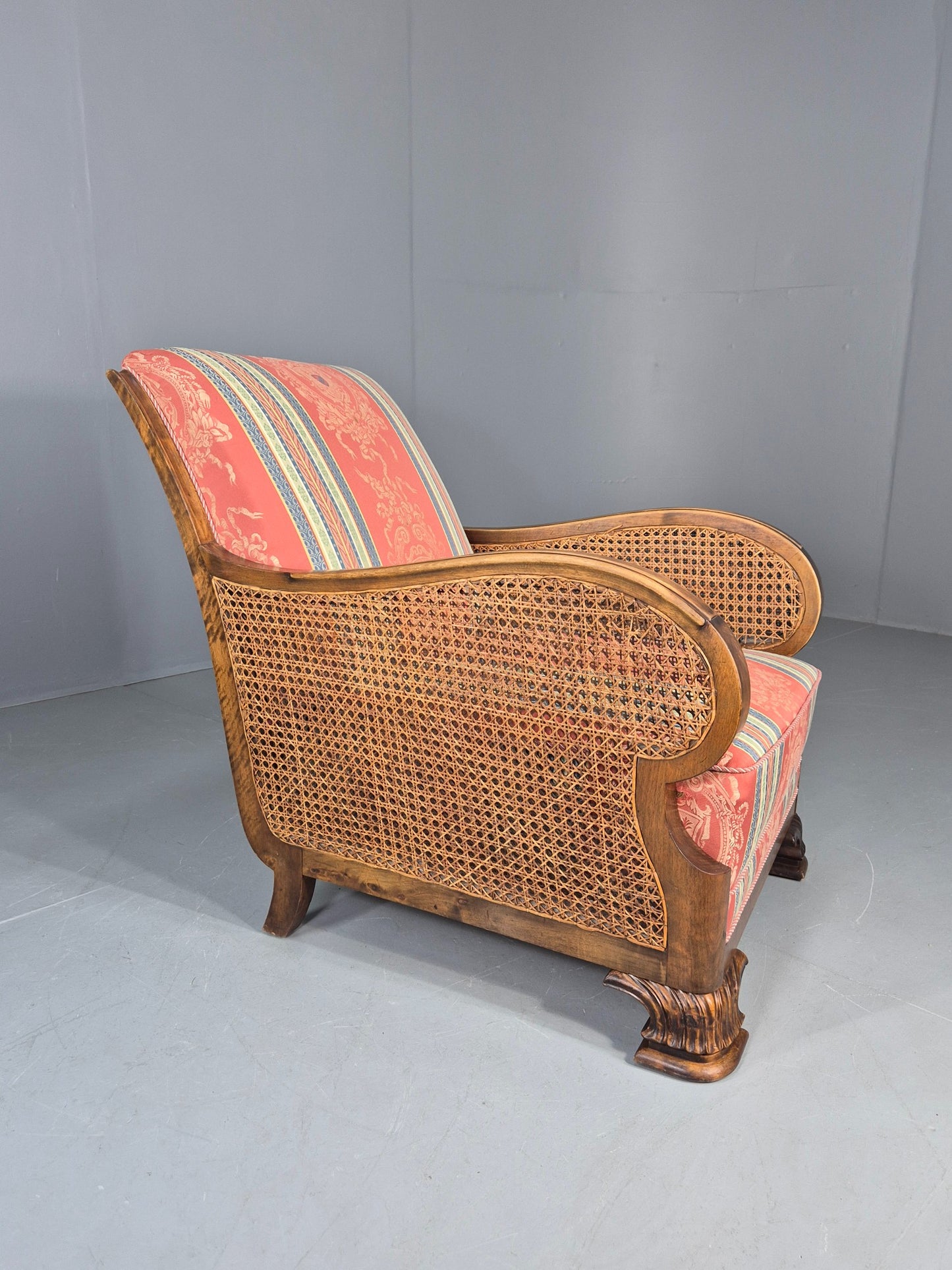 Vintage Danish Arm Chair Bergere Sides Carved Beech Frame 1920s EB12675