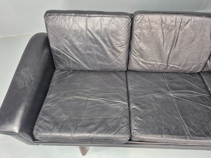 1960s 3-seater sofa Danish Design Black Leather Mid Century Retro Teak  EB10279