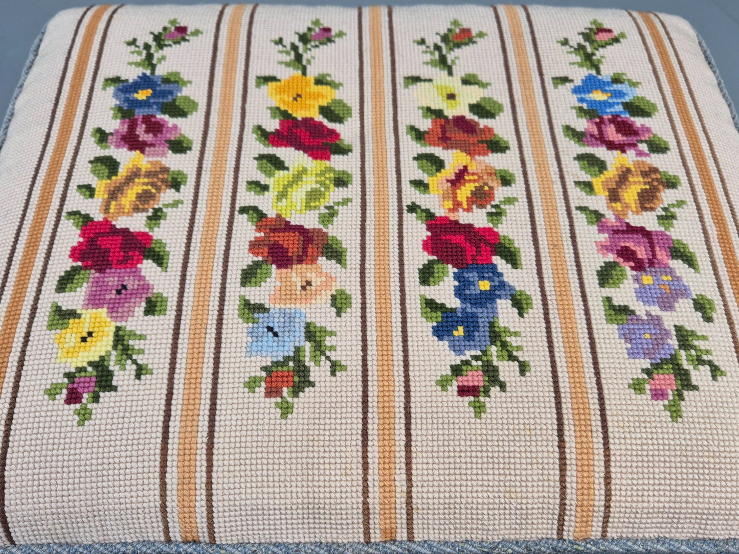 Vintage Danish Midcentury Footstool with Tapestry Floral Top 1960s EB12029