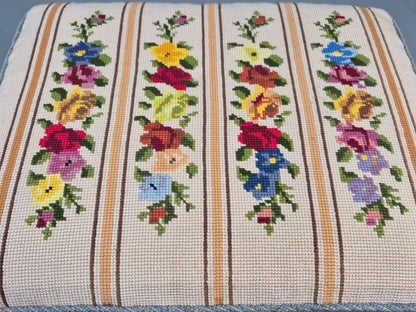 Vintage Danish Midcentury Footstool with Tapestry Floral Top 1960s EB12029