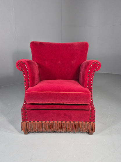 Vintage Wingback Lounge Chair Red Velour Cream Cushion Danish 1960s EB12762