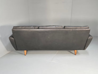 Vintage 3 Seater Black Leather Sofa 1960s Danish Thams Retro MCM EB09926