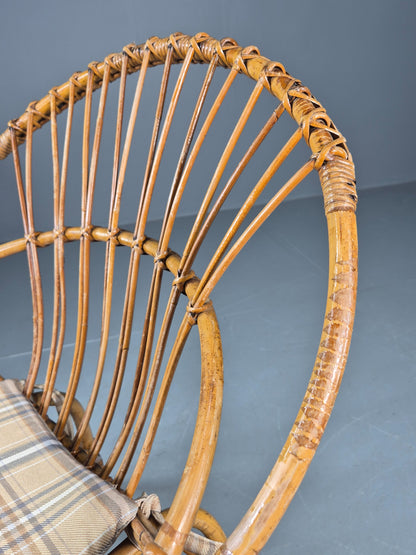 Vintage 1960s Cane Circle Tub Chair Tartan Cushion Retro EB10635