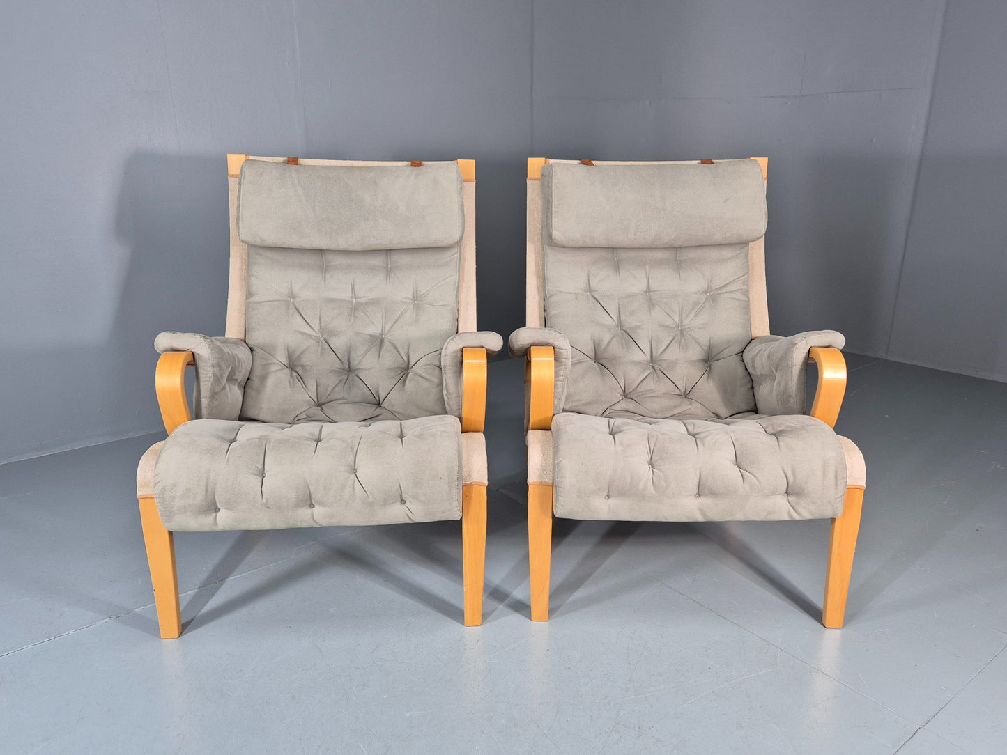 2 Pernilla Lounge Chairs Sweden Vintage Bruno Mathsson Blue Grey EB11336