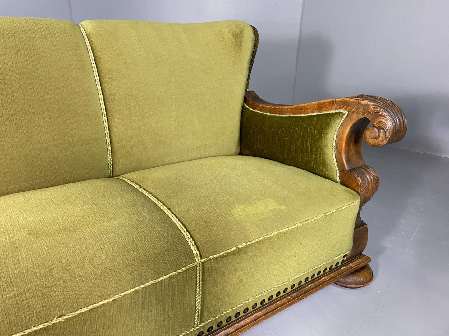 Antique 3 Seat Sofa Danish Oak Frame Green Velour 1900s EB06460
