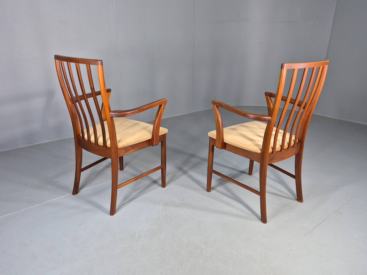 2 Vintage McIntosh Carver Dining Chairs Teak Frames Gold Velour Seats EB12181