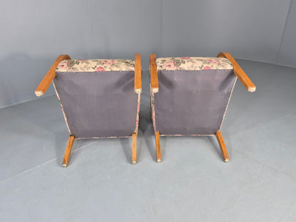 2 Vintage Danish Lounge Chairs 1950s Deco Bentwood Floral Print Retro EB12644
