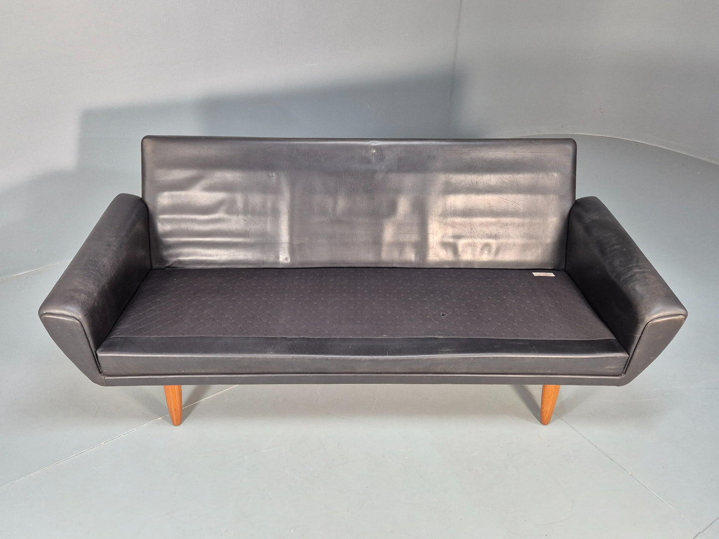 Vintage 3 Seater Black Leather Sofa 1960s Danish Thams Retro MCM EB09926