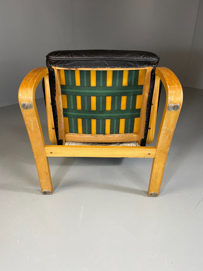 Vintage 70s Retro Lounge Chair Danish Black Leather Bentwood MCM EB06223