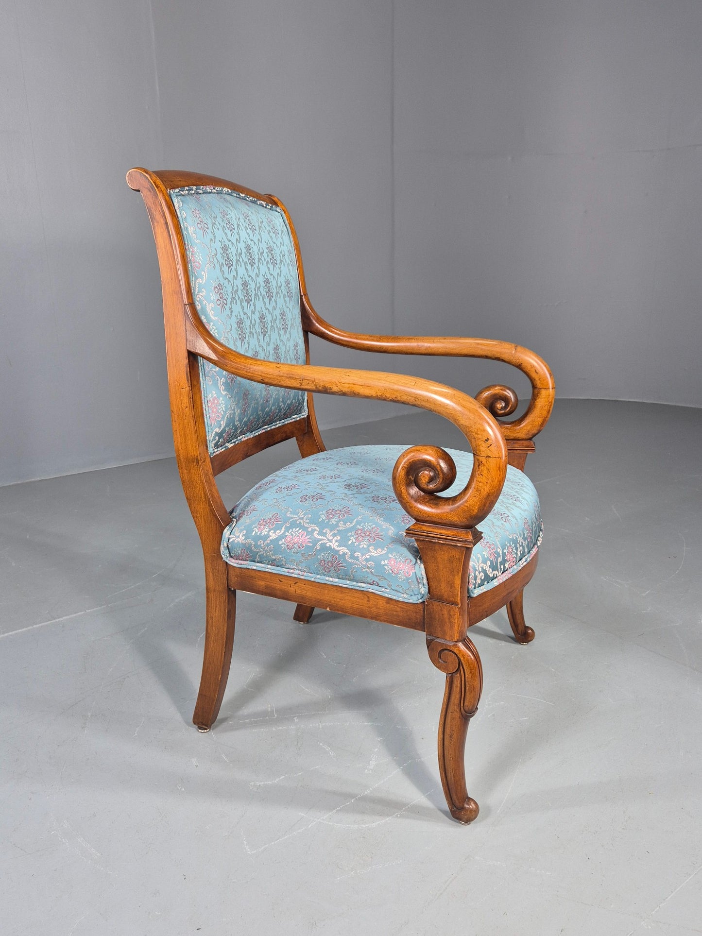 Antique Mahogany Arm Chair Louis Phillipe Style Floral Damask EB12858
