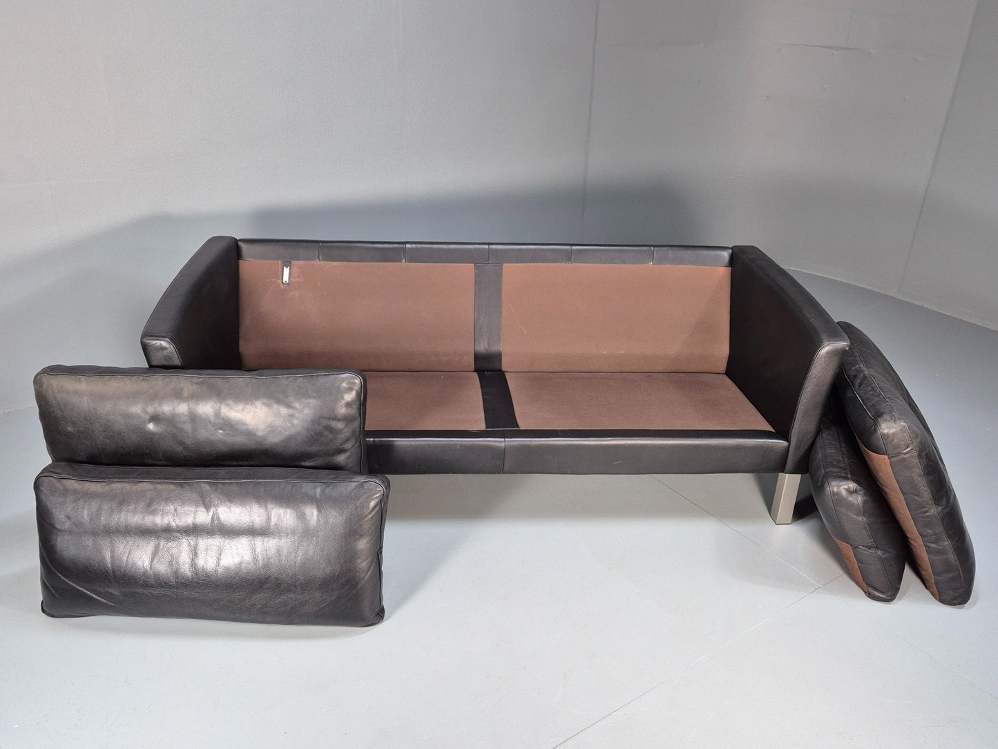 Vintage 3 Seater Stouby Sofa 1990s Black Leather Steel Legs Retro MCM  EB09079