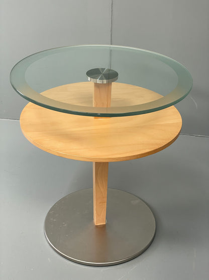 Danish Circular Side Tables Glass & Beech Pedestal Contemporary EB12400