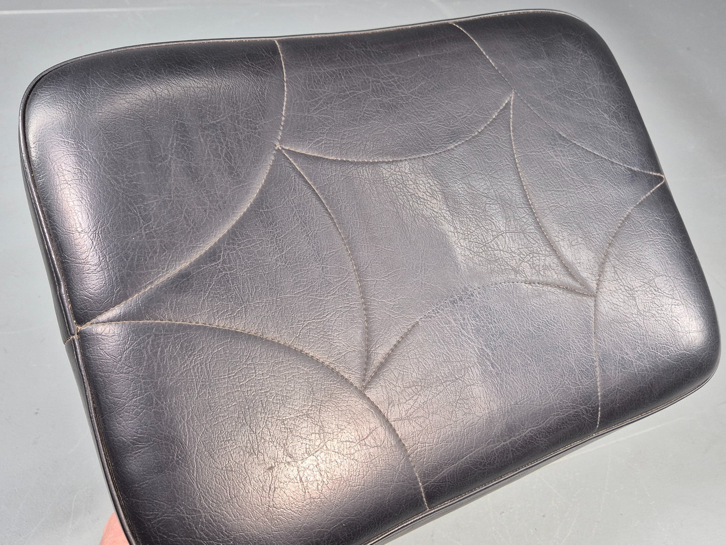 Vintage Mid Century Footstool Danish Black Vinyl Teak Legs 1960s Retro EB12012