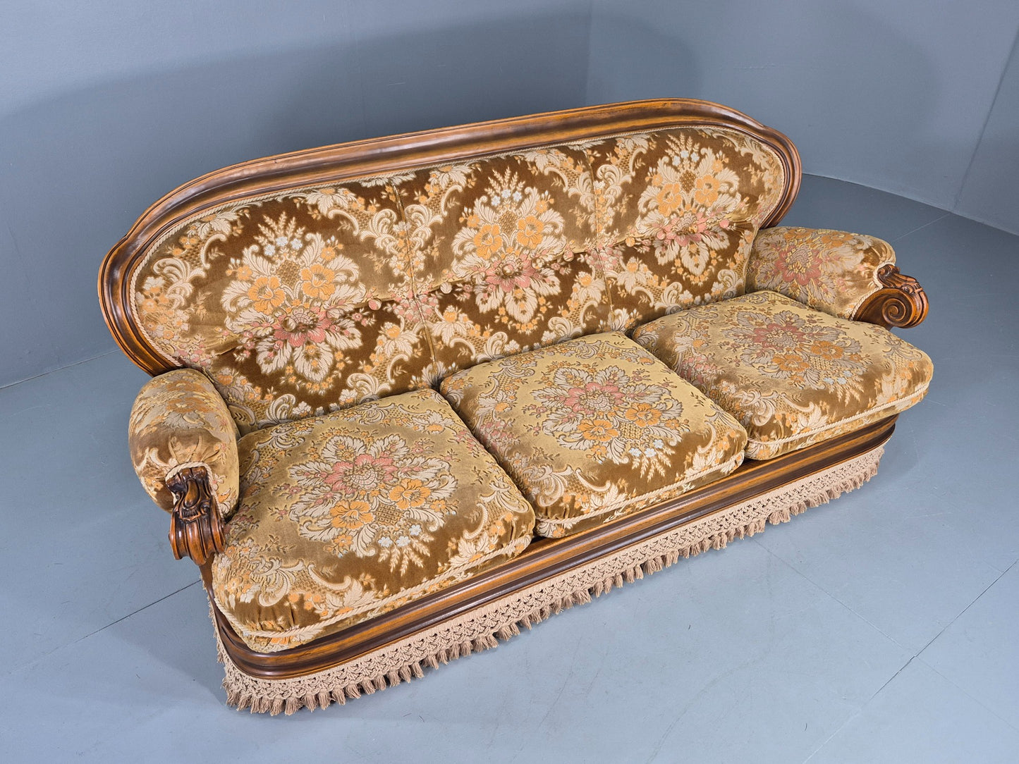 Vintage Danish 1970s 3 seater Sofa Gold Floral Upholstery Hardwood Frame EB12743