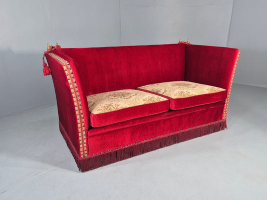 Vintage Danish 2 Seater Sofa Red Knole Style Drop Ends Tassels 1950s EB12760