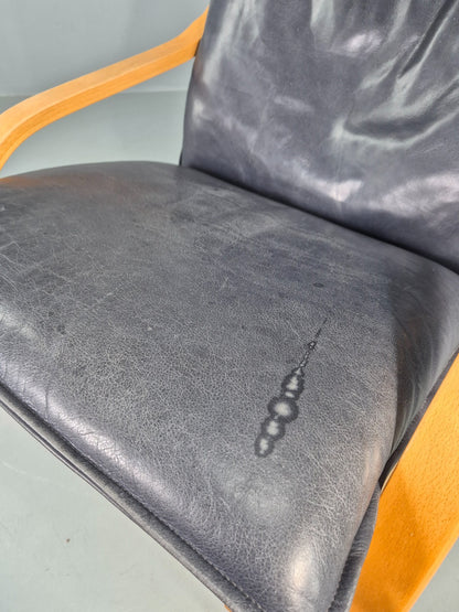Vintage Danish Lounge Chair Bent Wood Frame Black Leather Cushion 1980s EB13077