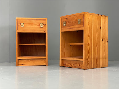 Vintage Pine Bedside Cabinets Pair 1970s Retro Drawers Brass Handle EB12904