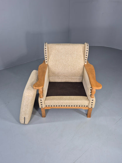 Vintage 1970s Lounge Chair Low Wing Back Kjaernulf Style Oak Retro Cream EB12719