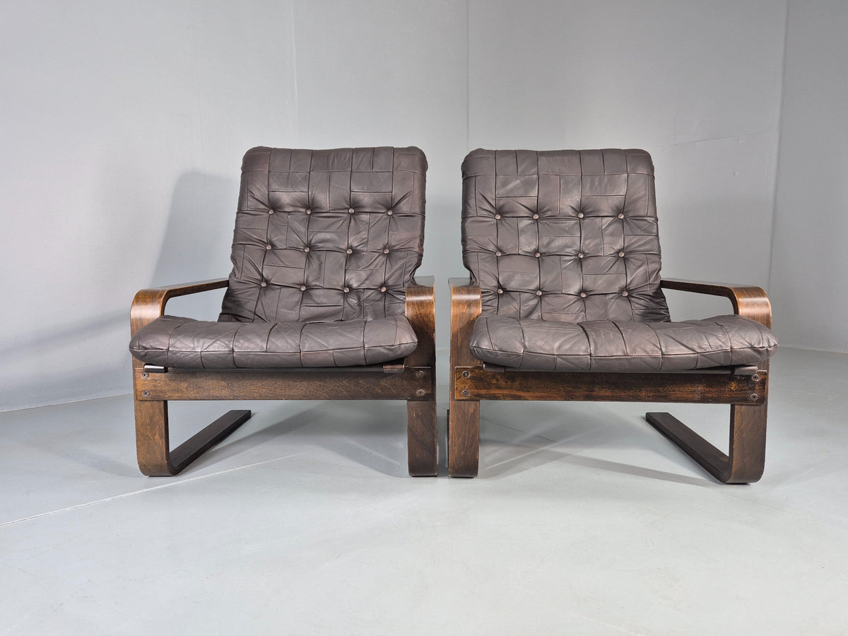 2 Vintage Leather Lounge Chairs 1970s Danish Bentwood MCM Retro  EB13080