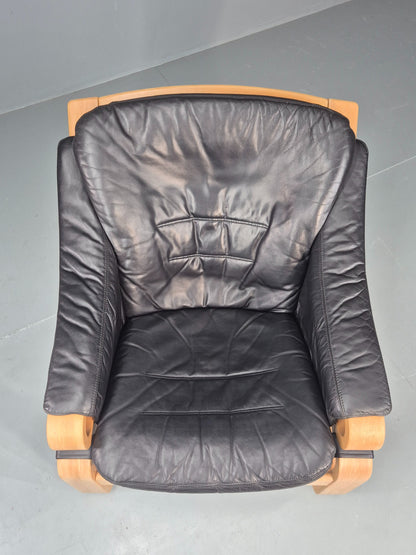 Vintage 1970s Lounge Chair Krokken By Fribytter Leather Bentwood Retro EB11998