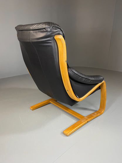 Vintage 70s Retro Lounge Chair Danish Black Leather Bentwood MCM EB06223