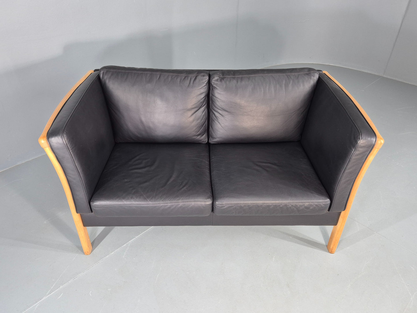 Vintage Stouby 2 Seater Sofa Beech Ends Black Leather 1990s Retro EB12421