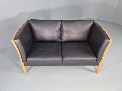Vintage Stouby 2 Seater Sofa Beech Ends Black Leather 1990s Retro EB12421