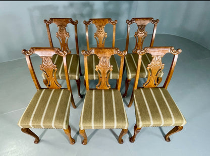 6 Vintage Antique Chippendale Style Danish Dining Chairs Walnut and Oak EB06709
