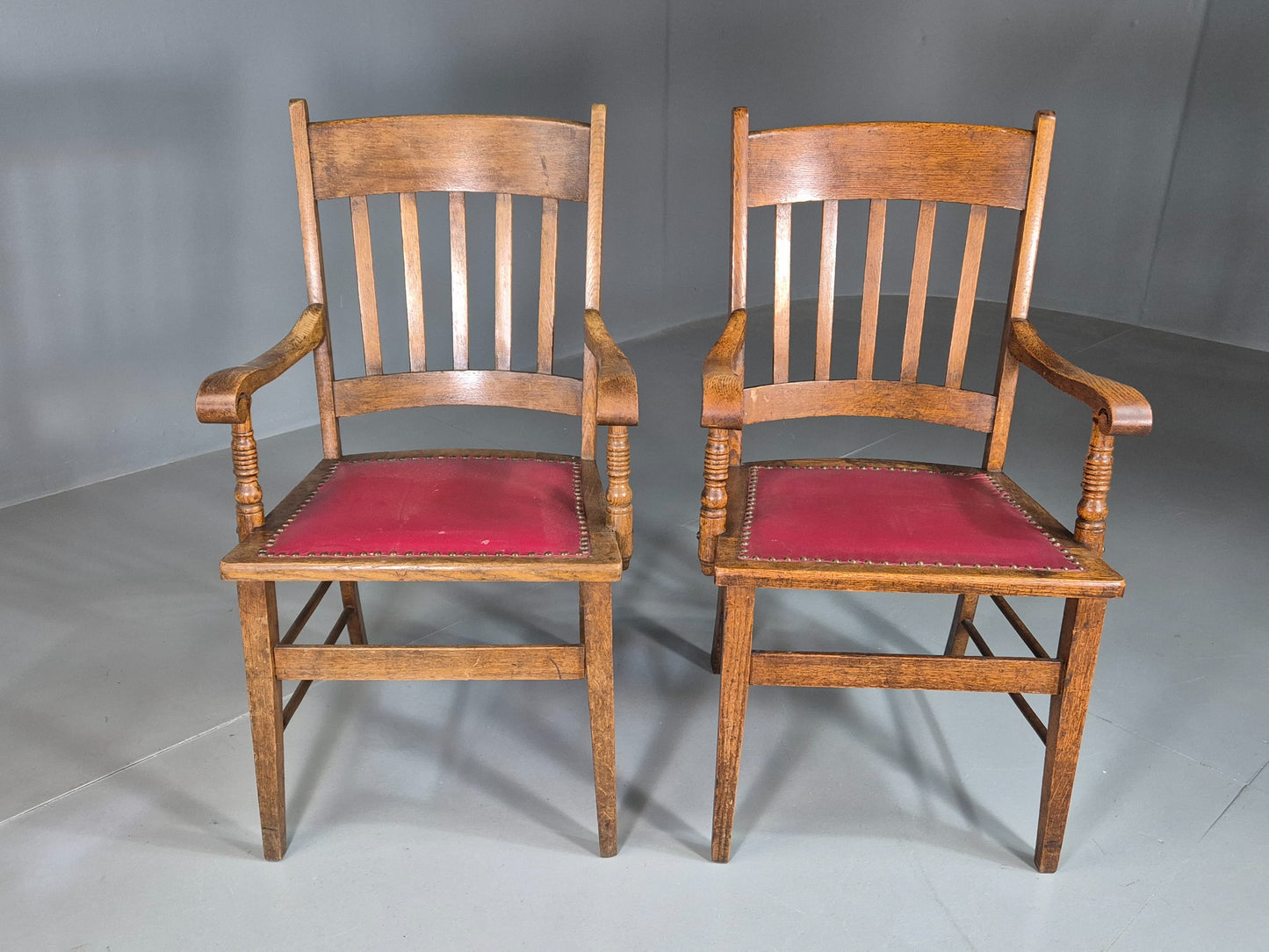 2 Antique Elbow Chairs Danish Oak Frame Red Leather 1900s EB07393