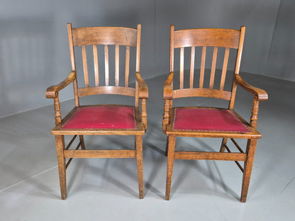 2 Antique Elbow Chairs Danish Oak Frame Red Leather 1900s EB07393