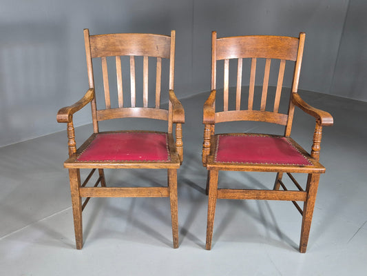 2 Antique Elbow Chairs Danish Oak Frame Red Leather 1900s EB07393