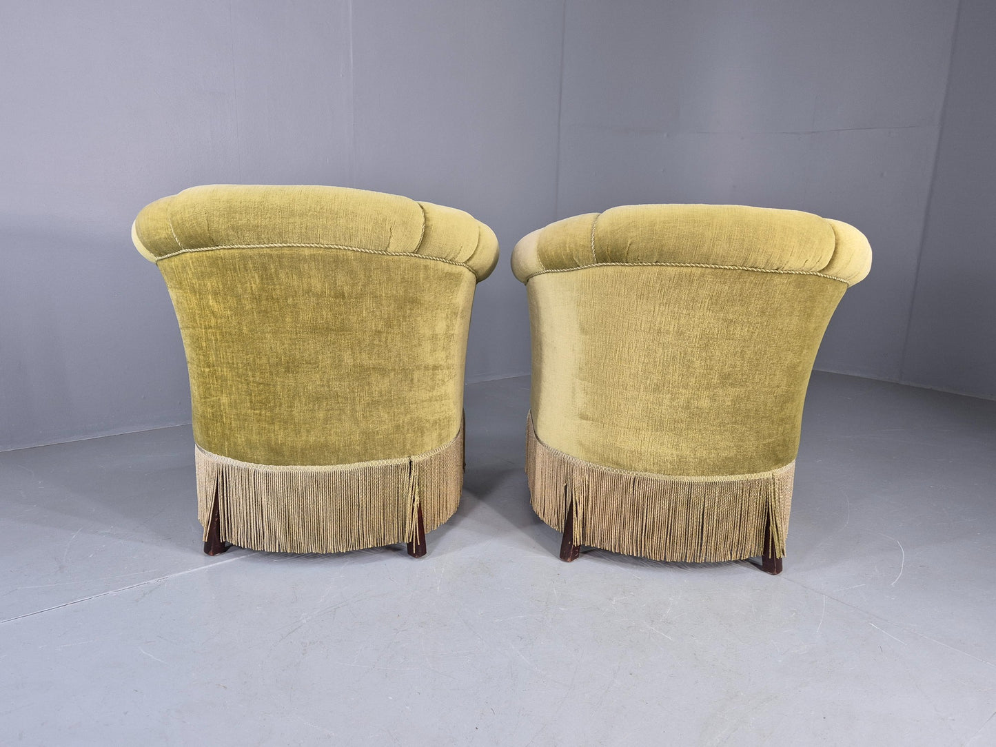 Pair Art Deco Tub Chairs Danish Design 1950s Green Velour Tassels Retro EB12715