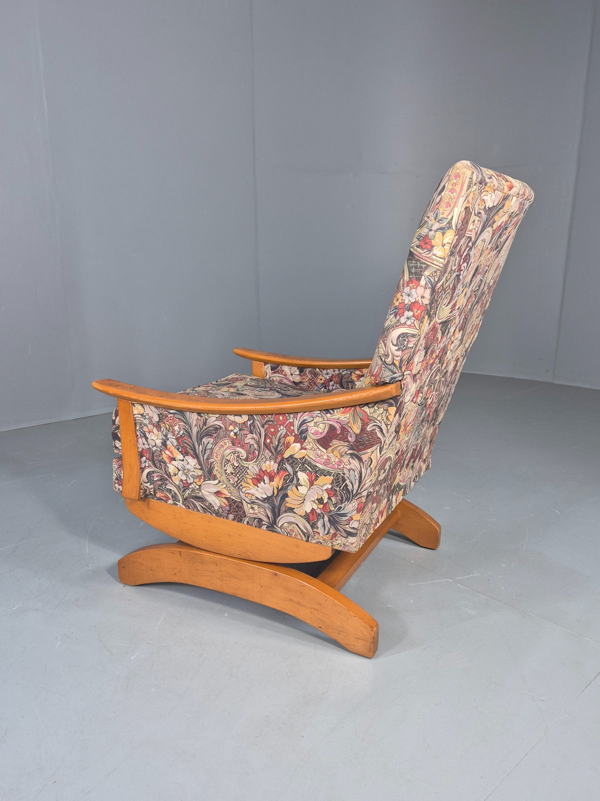 Vintage Mid Century Rocking Chair Floral Print Synthetic Fabric 1970s EB12920