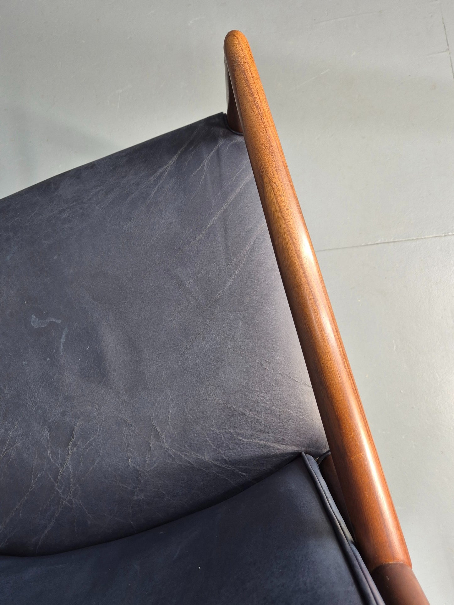 Vintage Mid Century Teak Armchair Blue Leather1960s Retro  EB11902