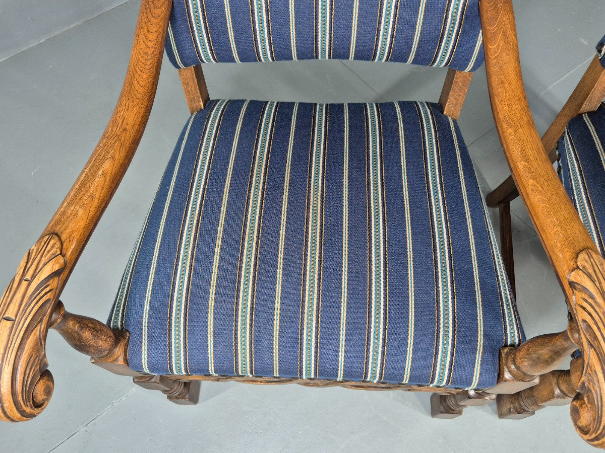 2 Vintage Danish Baroque Style Oak 1950s Elbow Chairs Blue Wool Stripe EB12647