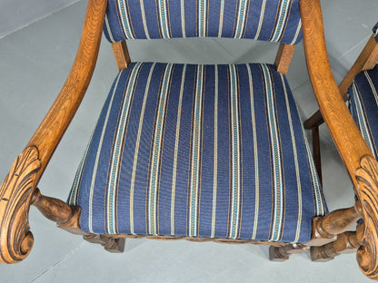 2 Vintage Danish Baroque Style Oak 1950s Elbow Chairs Blue Wool Stripe EB12647