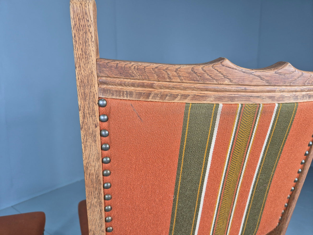 2 Vintage Dining Chairs 1970s Danish Kjaernulf Style Orange Wool Striped EB13075