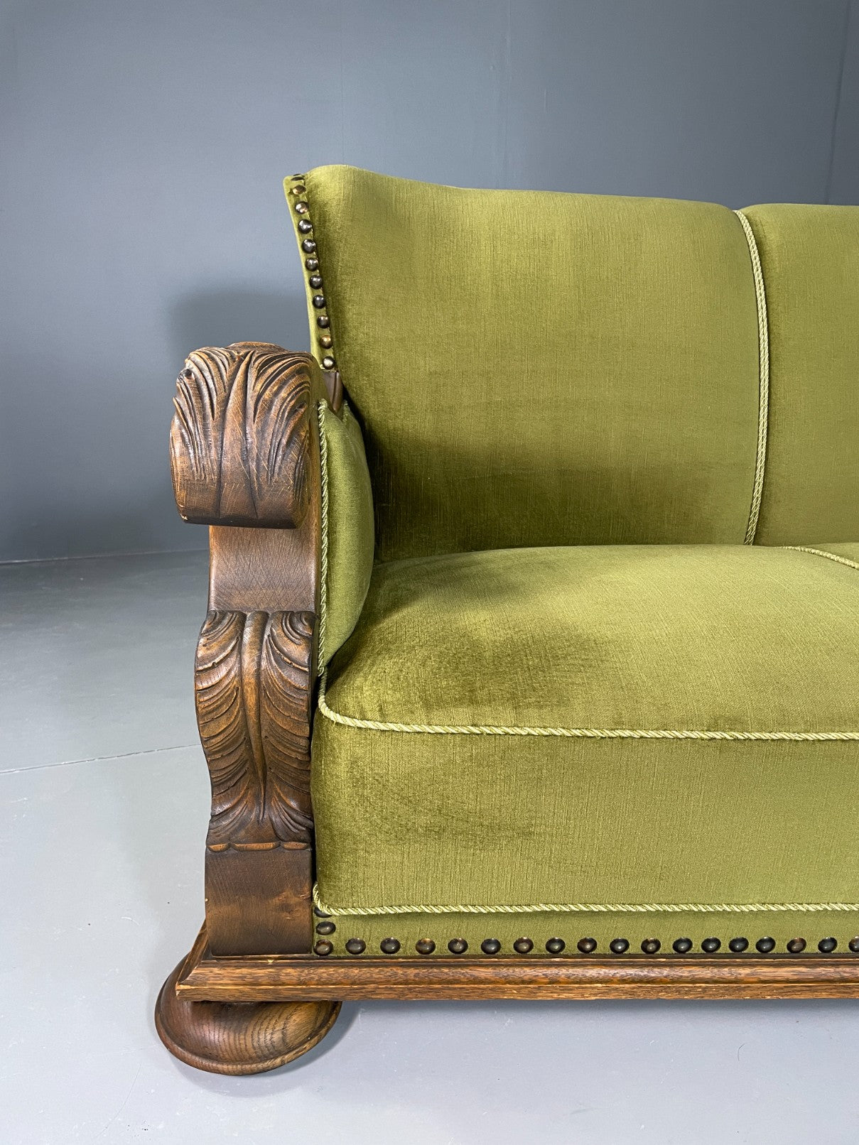 Antique 3 Seat Sofa Danish Oak Frame Green Velour 1900s EB06460