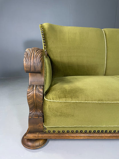 Antique 3 Seat Sofa Danish Oak Frame Green Velour 1900s EB06460