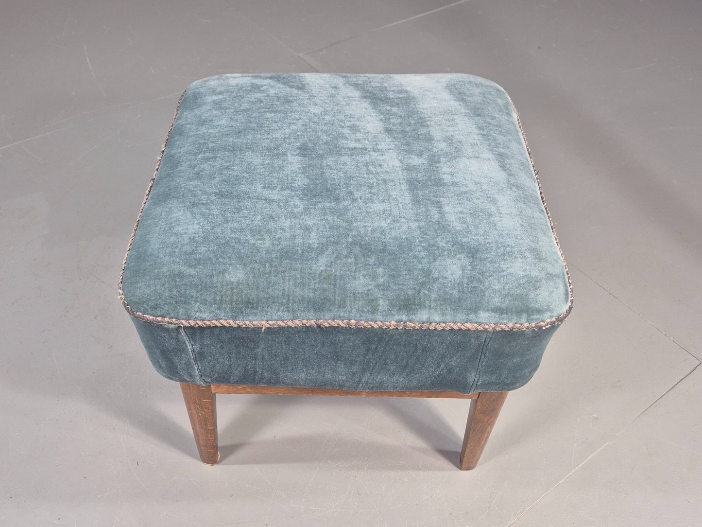 Vintage Danish Mid Century Footstool Blue Velour Upholstery 1950s Retro EB12053